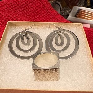 Sterling Silver Hoop Drop Earrings & Square Statement Ring - also Sterling